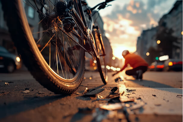 A close up shot of a bicycle after an accident with a car