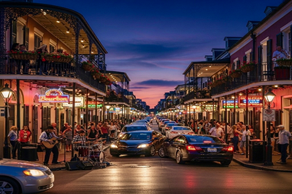Busy evening scene on Bourbon Street in New Orleans with cars in the street, crowds of people on the sidewalks, and brightly lit bars and restaurants lining both sides.