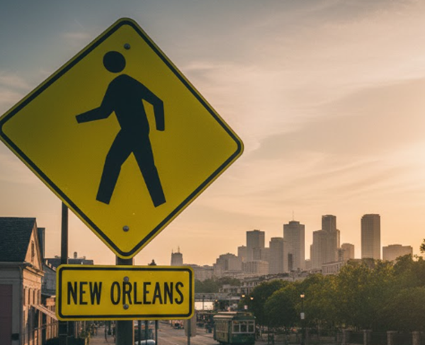 A yellow pedestrian crossing sign and a "NEW ORLEANS" sign against the city skyline at sunset, with a streetcar visible below.